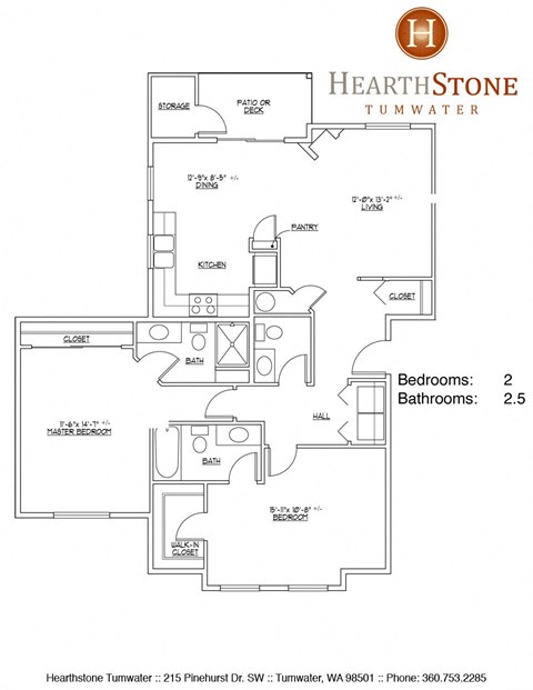 Floor plan for 2 beds, 2.5 baths, 1101 sqft